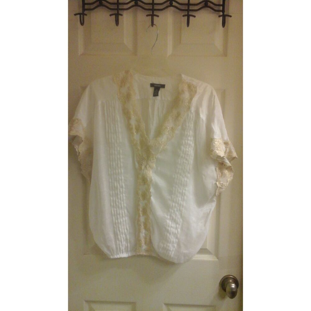 Alfani Blouse, Women's size 10 White W/Gold Lace Trim, V-neck Sheer Girlhoodcore